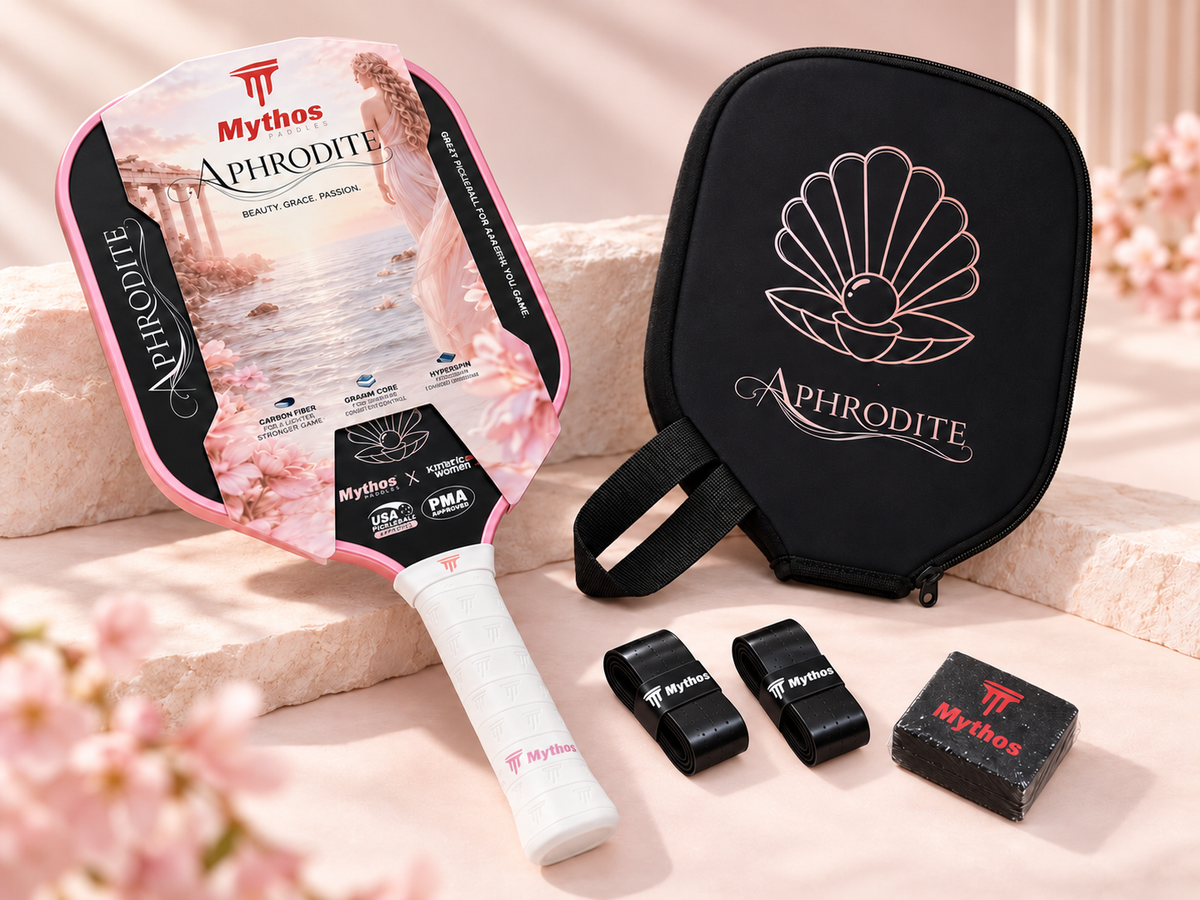Aphrodite paddle with included soft case, overgrips and accessories